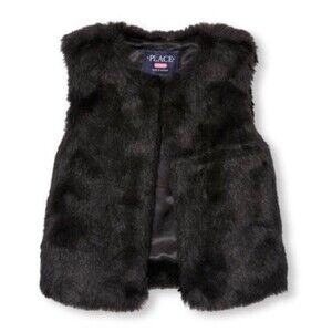 The Children’s Place Girl's Open Front Black Faux Fur Vest Jacket Size XXL 16